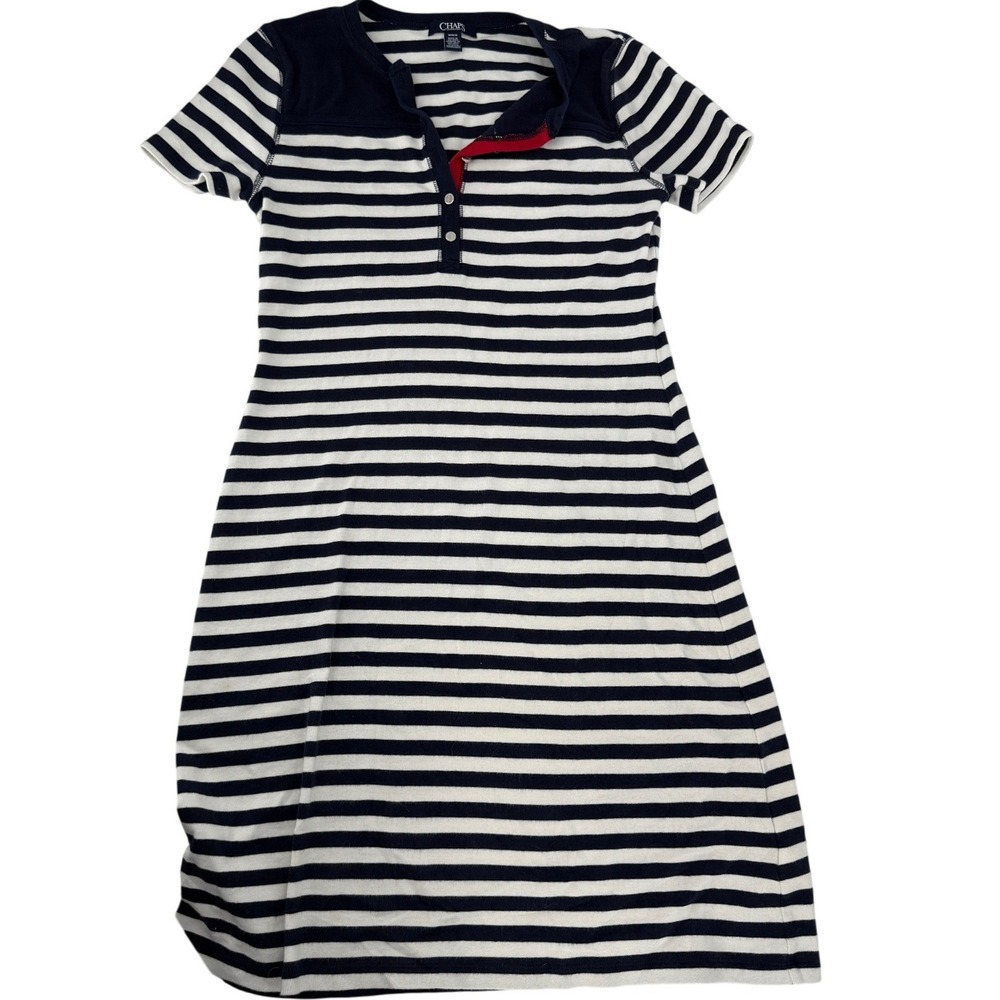 Chaps Womens M Navy Blue White Striped Henley TShirt Dress Short Sleeve Nautical